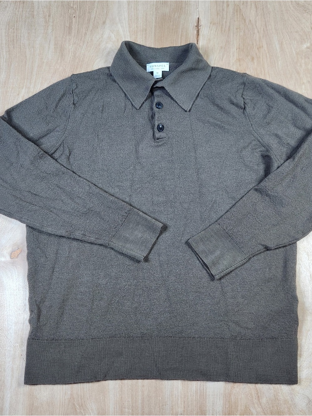 Sunspel Mens Brown Merino Wool Long Sleeve Polo Medium.